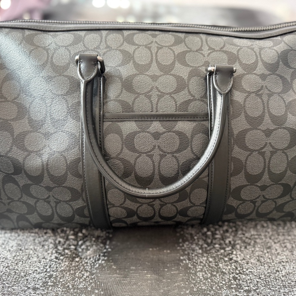 Authentic Coach Black Signature Canvas Duffle Weekender Bag Leather Trim Large